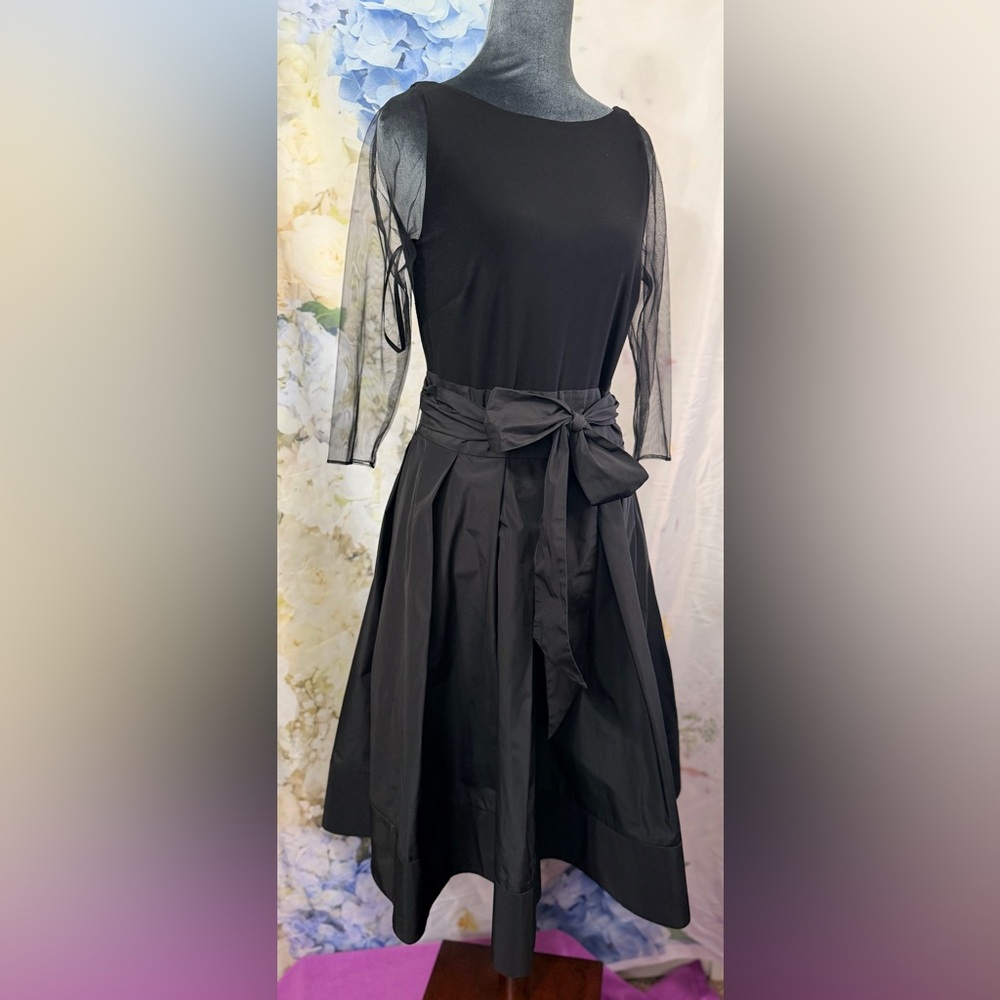 Lauren Ralph Lauren Black Midi Dress with Sheer Sleeves Deep V Neck  Wrap waist